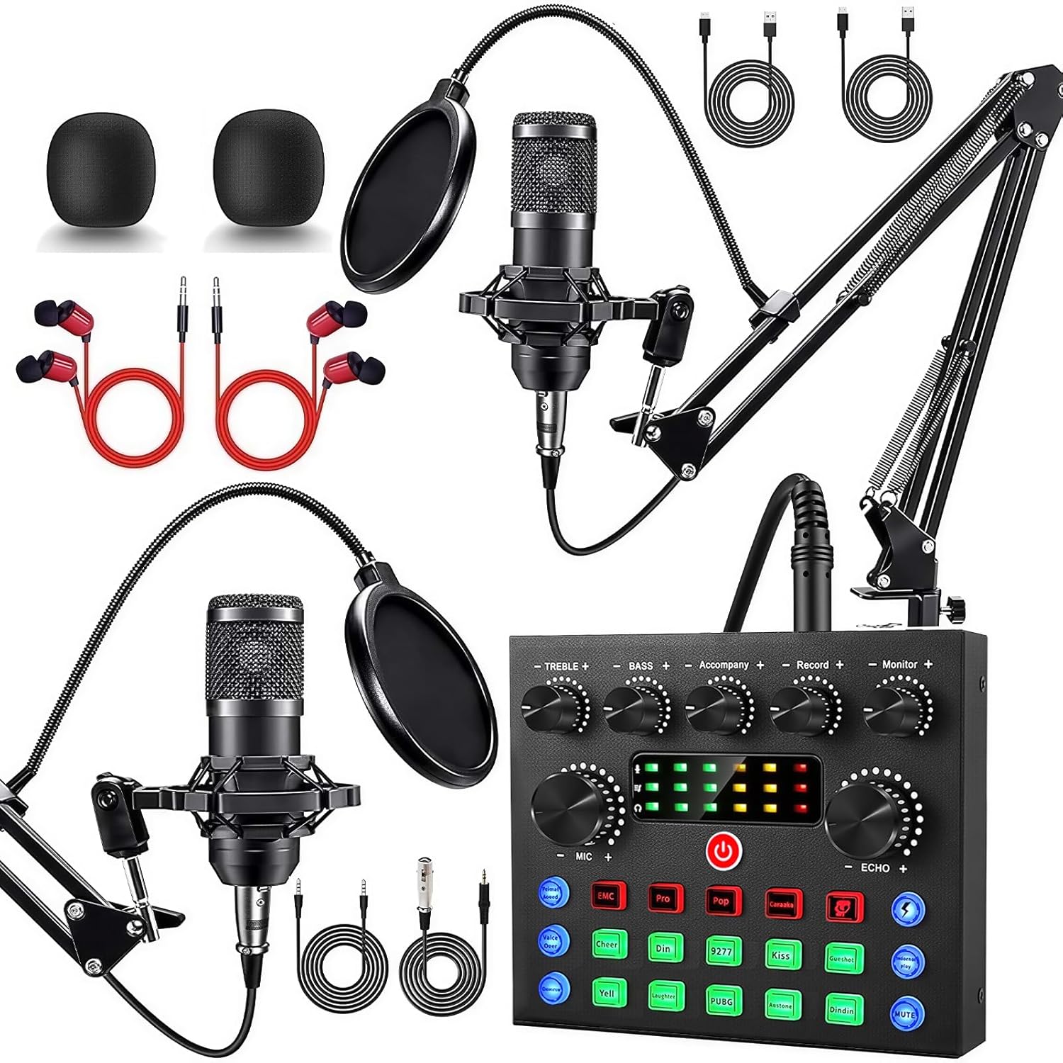 Free 2-person podcast studio kit with condenser mics, boom arms, sound card and earphones