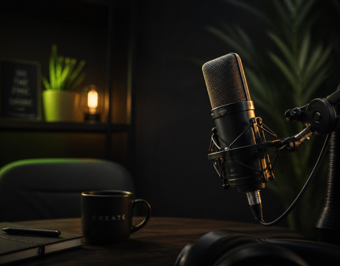 Professional podcast microphone in a dark studio