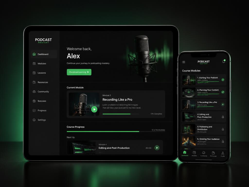 PodcastPayout digital course platform on tablet and phone